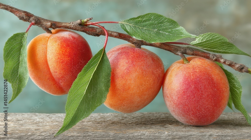 Poster close-up of fresh apricots on a branch with green leaves against a soft background