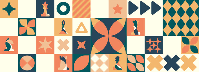 Decorative Chess and Shape Motif Composition with warm orange tones