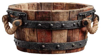 Rustic Wooden Bucket with Iron Accents: A vintage-inspired wooden bucket with aged wood panels and decorative iron accents features a sturdy rope handle design.