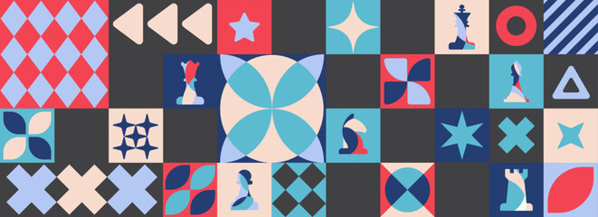Decorative Chess and Shape Motif Composition with red and blue tones