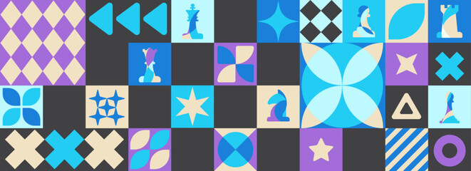 Decorative Chess and Shape Motif Composition with blue and purple tones