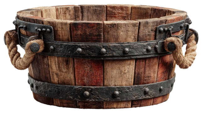 Rustic Wooden Bucket with Iron Accents: A vintage-inspired wooden bucket with aged wood panels and decorative iron accents features a sturdy rope handle design.