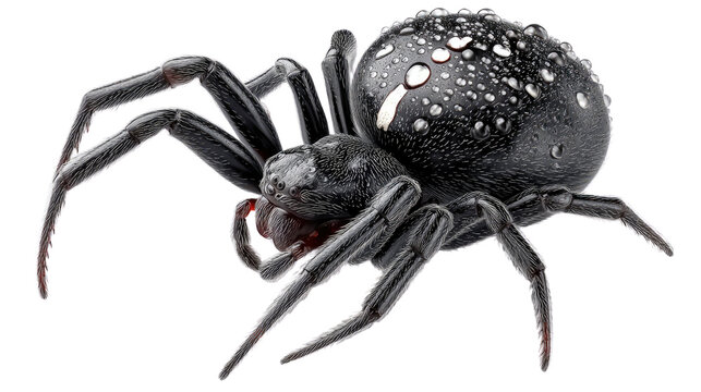 Black Widow Spider with Dew Drops: A macro shot captures the intricate detail of a venomous black widow spider adorned with shimmering dew drops.