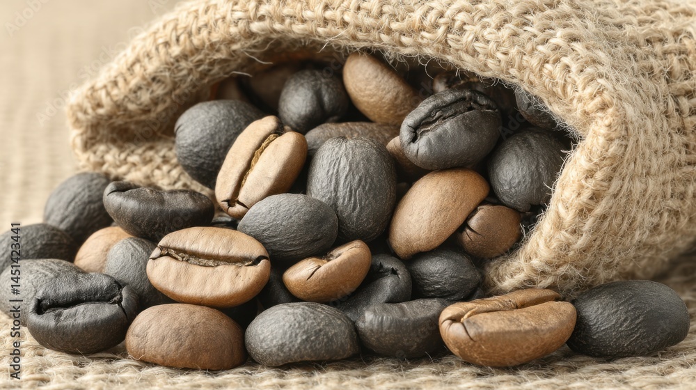 Poster close-up of roasted coffee beans spilling from a burlap sack on a textured surface