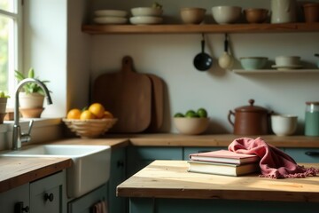 Cozy vintage kitchen corner, table mockup, woven boxes, scarf, notebooks , peaceful, vintage kitchen