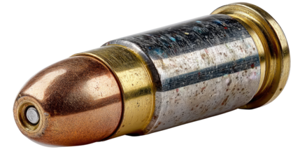 Shiny Bullet: A detailed shot of a single, new bullet, its metallic components gleaming under perfect lighting. The photo highlights the craftsmanship and detail. 
