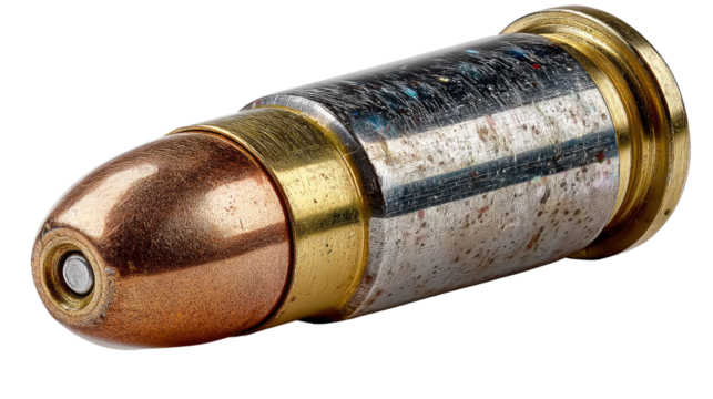 Shiny Bullet: A detailed shot of a single, new bullet, its metallic components gleaming under perfect lighting. The photo highlights the craftsmanship and detail. 