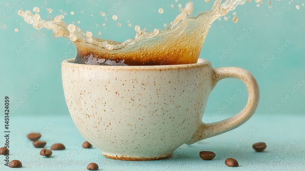 Poster coffee cup with splash creates dynamic art on a turquoise background