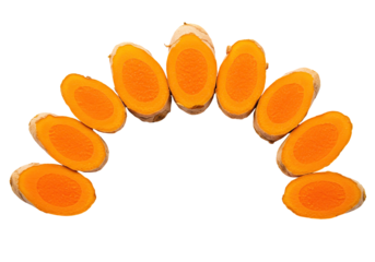 Fresh Turmeric Root Slices Arranged in a Semi Circle on White