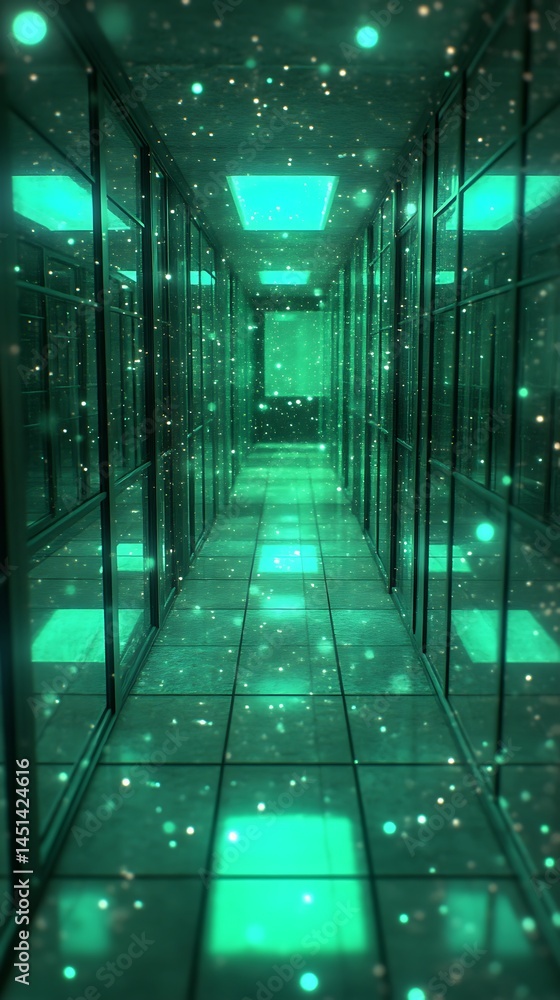 Poster abstract depiction of data center corridor with server racks glowing in green