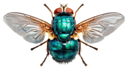 Vibrant Green Bottle Fly: A macro photograph capturing the iridescent beauty of a green bottle fly with its wings outstretched, showcasing the intricate details of its compound eyes, thorax.