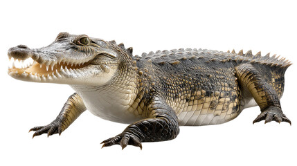 Fototapeta premium Gator's Gaze: A detailed shot of a fearsome alligator in close-up reveals a formidable predator, showcasing its sharp teeth, rugged skin, and intense gaze.
