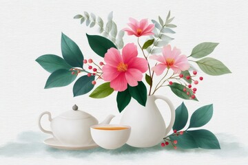 Pink camellia flowers in white vase decorating tea time