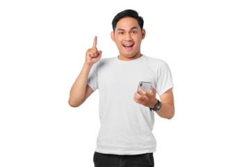 Amazed young Asian man holding mobile phone and pointing fingers up having a good idea isolated on transparent background