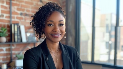 industrial loft home office, brick wall, large window, wooden desk, metal shelves, cozy lighting 