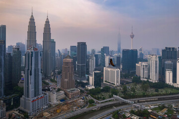 A bird of prey soars above the urban landscape