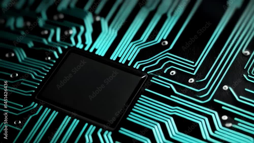 Poster close up shot of a modern circuit board with turquoise lines and a central processing unit chip on b