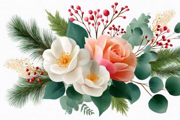 Elegant christmas bouquet with roses, berries and fir branches creating a festive atmosphere