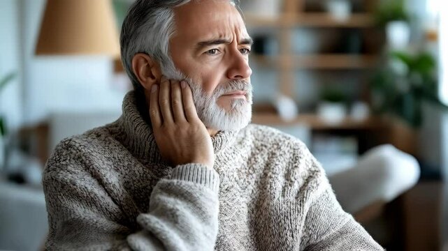 Middle aged man with grey hair holding his face with concerned expression while seated inside an interior space