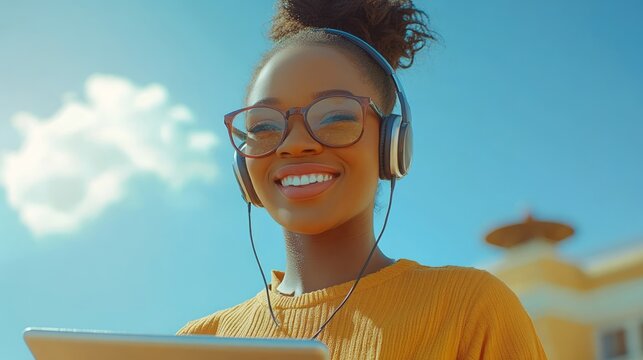 Smiling young woman listening to music outdoors.