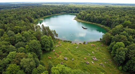 Emerald Lake Surrounded by Lush Forest from Above