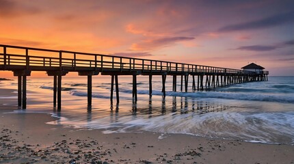 Wooden Pier at Sunset Over Calm Ocean With Vibrant Colorful Sky