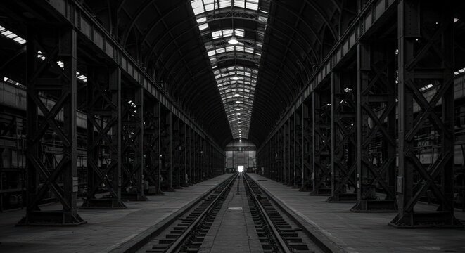 Industrial Symmetry: Black and White Train Station