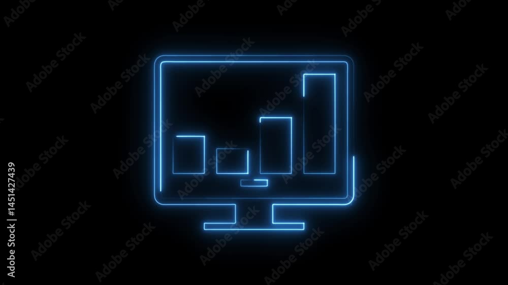 Poster glowing neon computer screen displaying financial bar graph icon animation