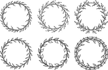 Set of wreath of birch outline vector illustration, line art