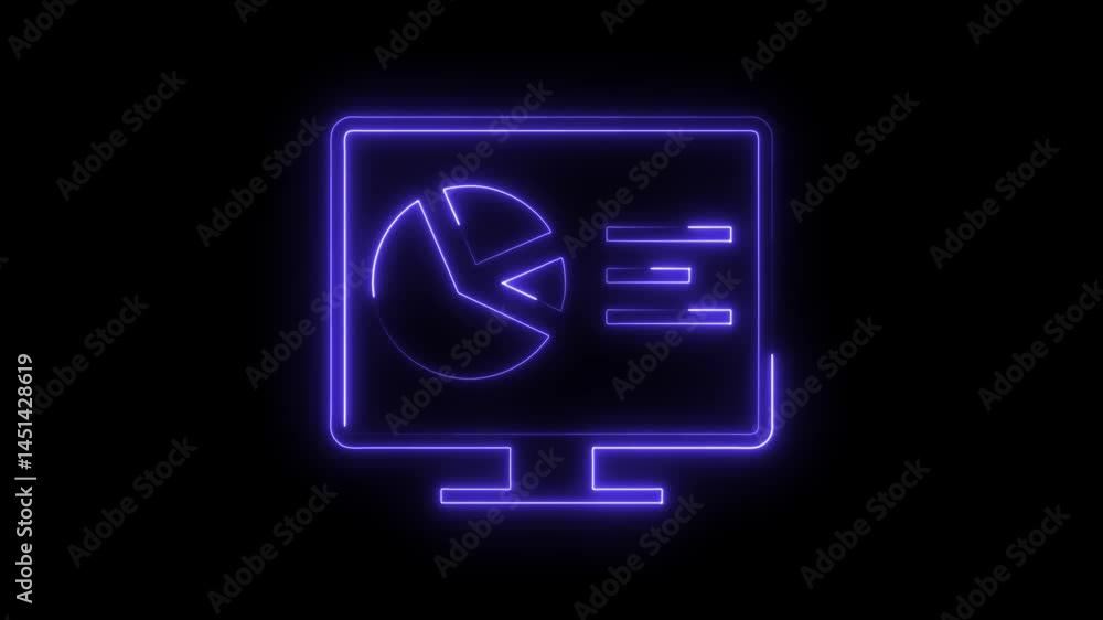 Poster neon computer screen displaying business data graphics and chart