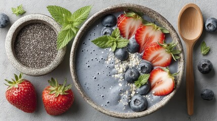 Delicious and healthy acai bowl with fresh berries, mint, and chia seeds