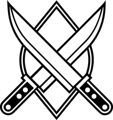 Crossed kitchen knife outline vector illustration, line art