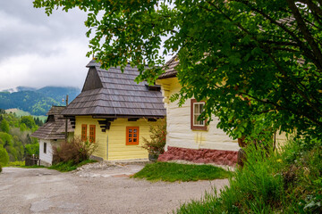 Colorful wooden houses in Vlkolinec village, Slovak republic, Unesco. Cultural heritage. Travel destination. Folk architecture.