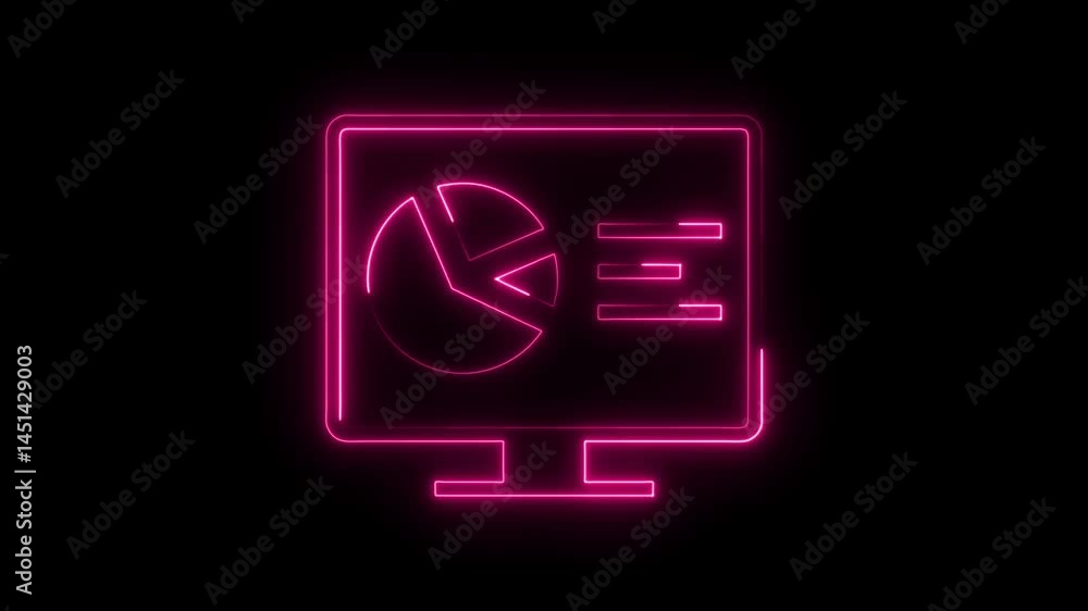 Poster pink neon computer displaying business pie chart and data metrics analysis