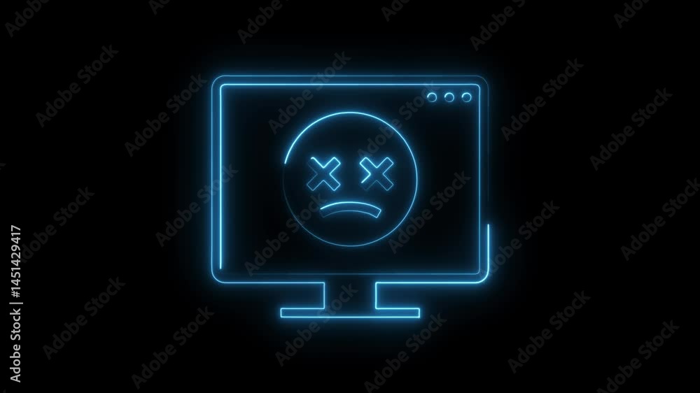 Poster neon computer screen with sad emoji error icon animation