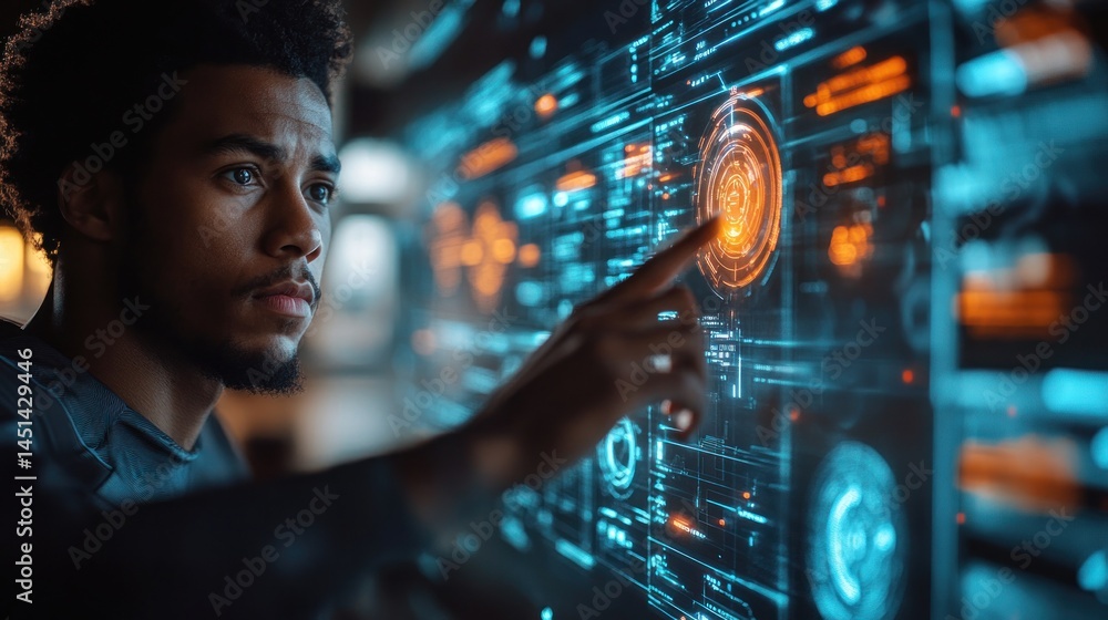 Poster man interacting with futuristic interface