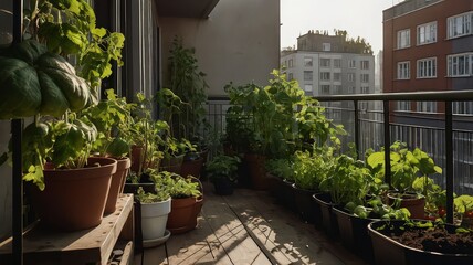 Fototapeta premium A view of a balcony garden with various plants in pots and planters against a cityscape backdrop