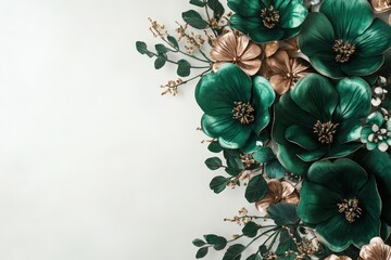 Decorative arrangement of emerald green and copper flowers.