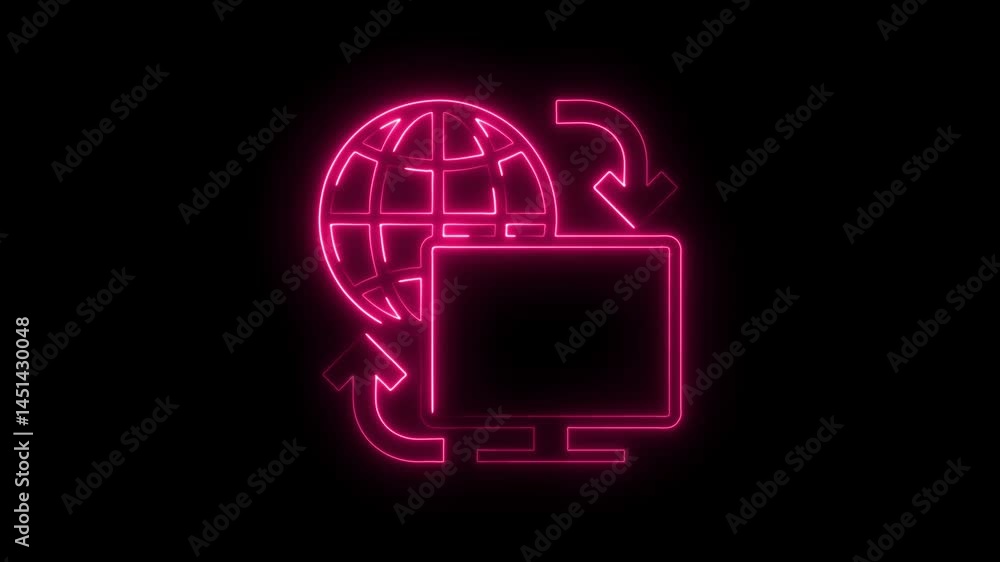 Aufkleber neon globe and computer icon animation global network concept