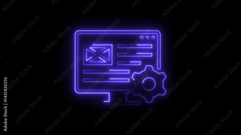 Poster neon style website development and settings concept animation on black background