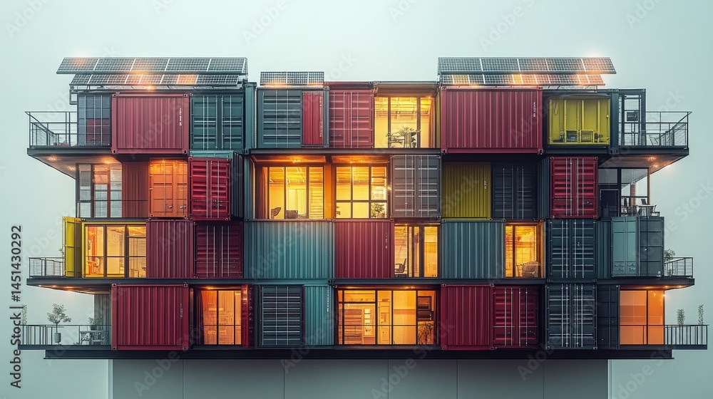 Poster colorful modern building made from shipping containers with illuminated windows at dusk