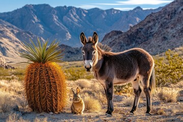 Two desert animals, a donkey and a rabbit, in a sun-drenched desert landscape, foreground features a prickly pear cactus