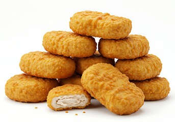 A stack of golden brown chicken nuggets on a white background with one nugget cut in half showing inside