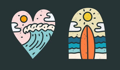 The surfboard and the waves on the summer beach vibes design for t shirt, sticker and other