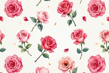 Fototapeta premium Delicate watercolor rose pattern, seamless repeat , flowers, green, romantic