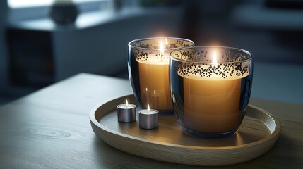 Aromatic Candles on Wooden Tray for Spa and Relaxation Ambiance