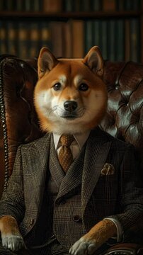 A Shiba Inu dog dressed in a classic suit sits in a luxurious armchair, creating a refined and sophisticated atmosphere with rich textures and high detail.