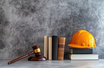 Gavel, books, and hard hat on a gray surface, signifying a legal aspect of construction