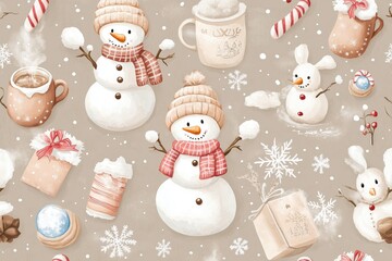 Whimsical snowmen and winter treats pattern with hot cocoa and gifts