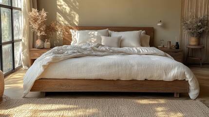 Serene bedroom with minimalist decor and natural sunlight creating a calming atmosphere